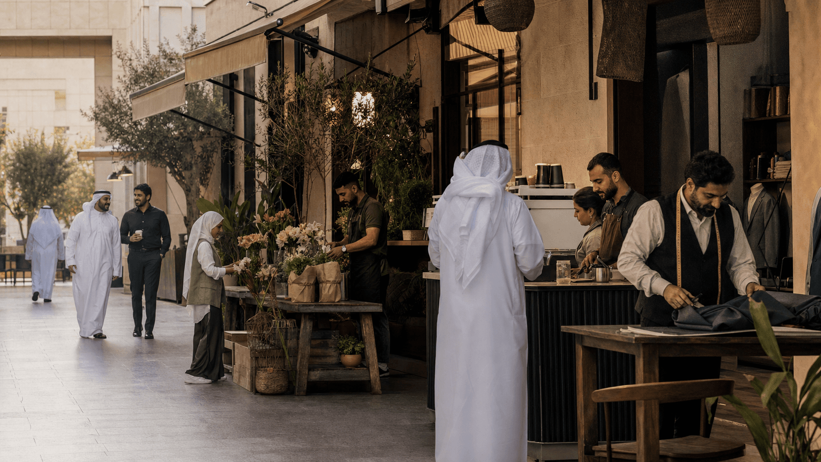 An illustrative scene of local businesses and everyday life in Kuwait
